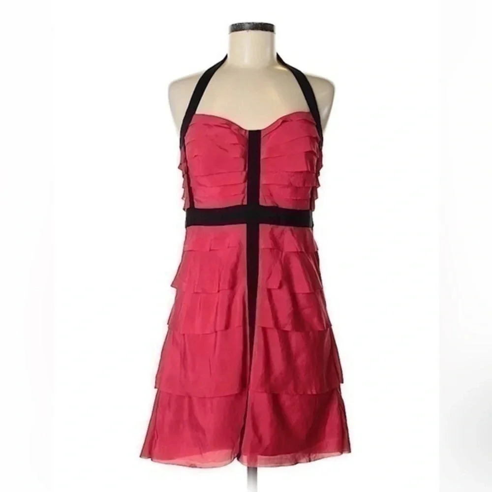 Jessica Simpson Pink & Black Babydoll Tiered Ruffle Halter Dress Size 8 M Medium